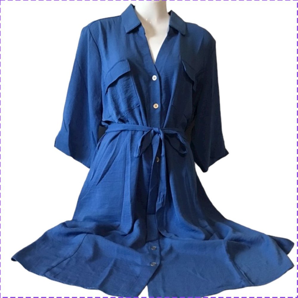 Dress XL Blue Button Front Rollup Sleeves NWT
